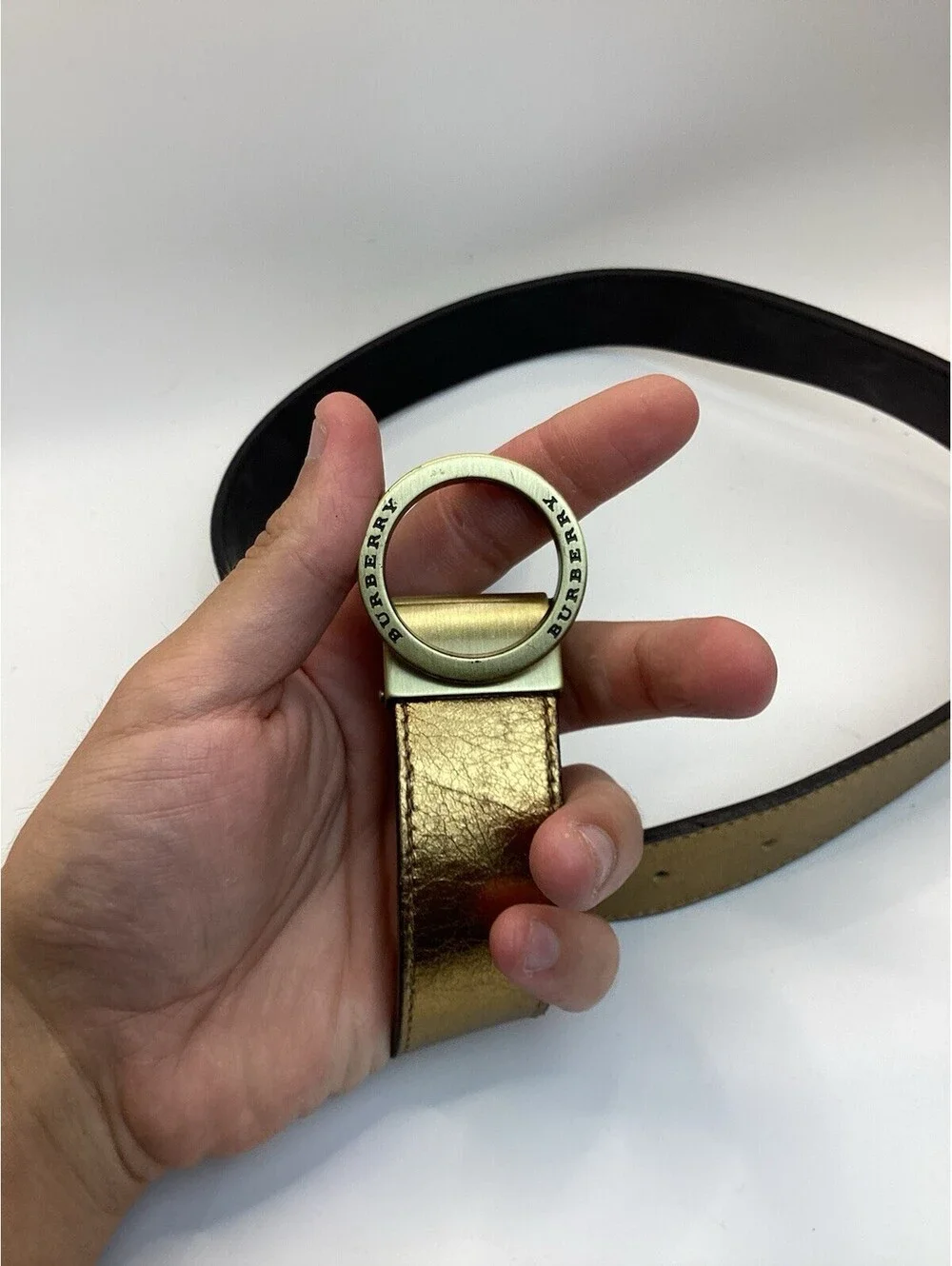 Burberry London italy leather belt gold metallic reversible size 40/100